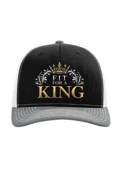 Black and gray cap with 'Fit for a King' text and crown design on a white background