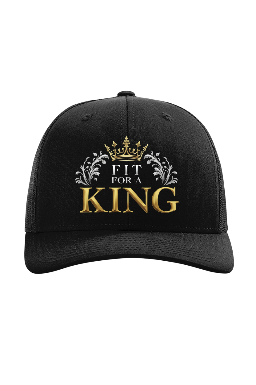 Black cap with 'Fit for a King' text and crown design on a white background