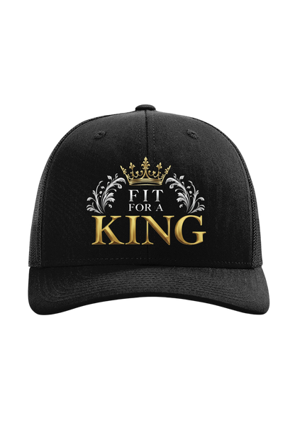 Black cap with 'Fit for a King' text and crown design on a white background