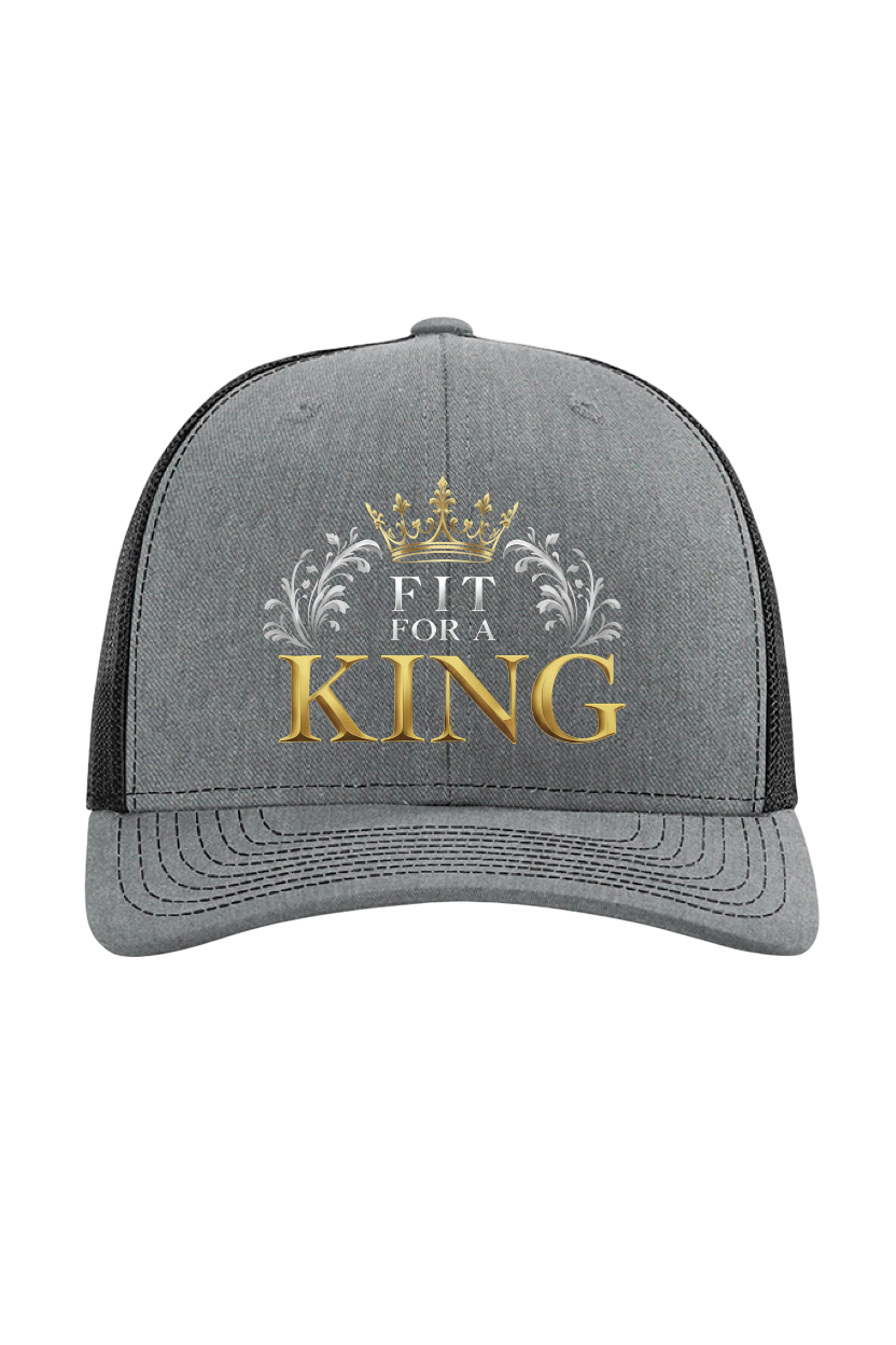 Gray cap with 'Fit for a King' text and crown design on a white background