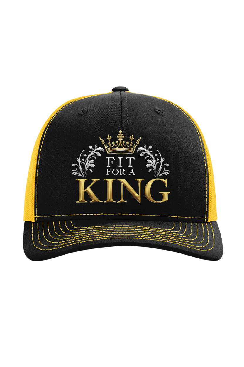 Black and yellow cap with 'Fit for a King' text and crown design on a white background