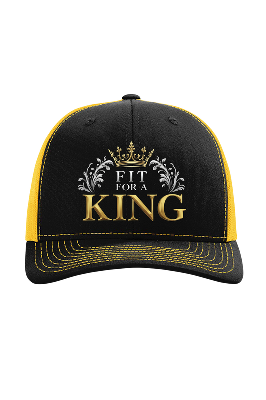 Black and yellow cap with 'Fit for a King' text and crown design on a white background