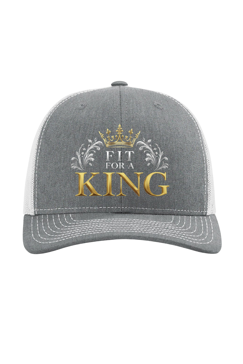Gray cap with 'Fit for a King' text and crown design on a white background