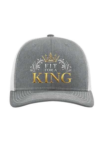 Gray cap with 'Fit for a King' text and crown design on a white background