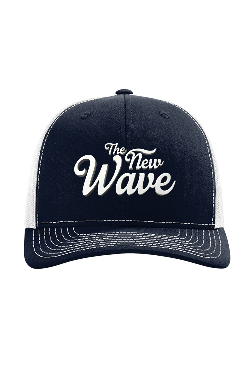 Black and white cap with 'The New Wave' text on a white background