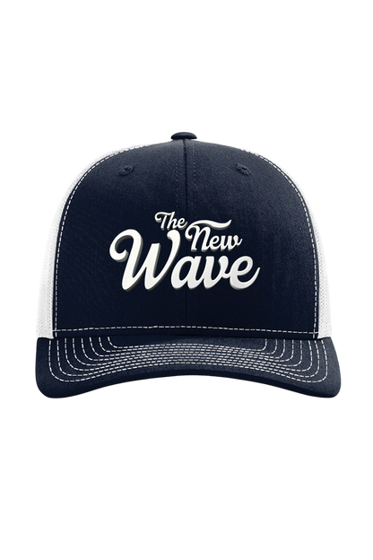 Black and white cap with 'The New Wave' text on a white background