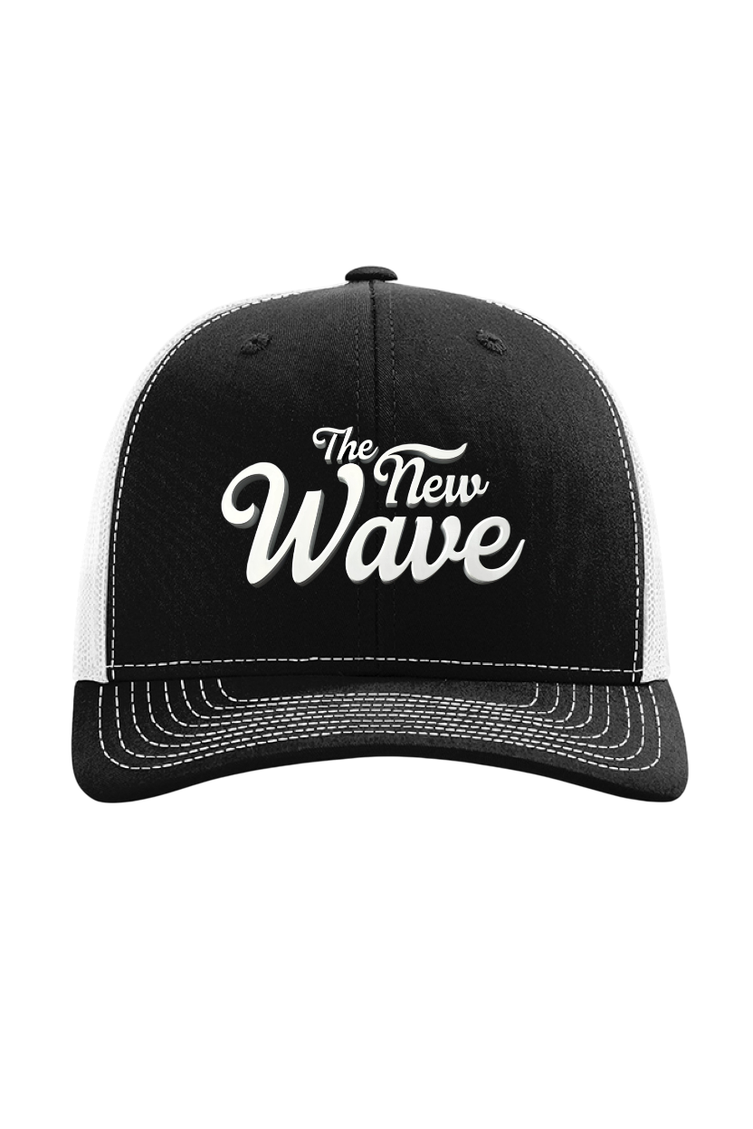 Black cap with 'The New Wave' text on a white background