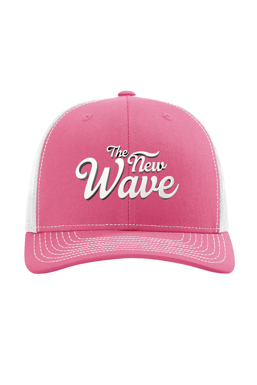 Pink cap with 'The New Wave' text on a white background
