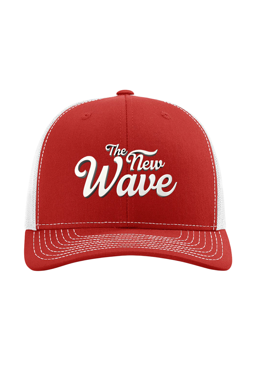 Red and white cap with 'The New Wave' text on a white background