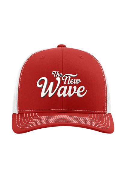 Red and white cap with 'The New Wave' text on a white background