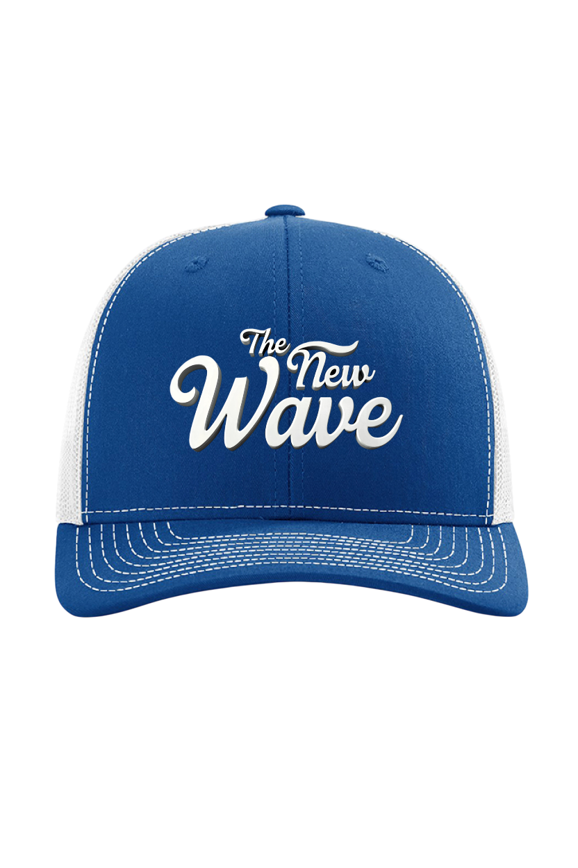 Blue and white cap with 'The New Wave' text on a white background