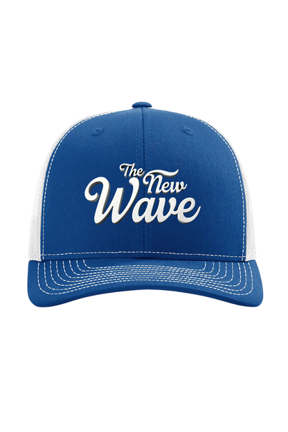 Blue and white cap with 'The New Wave' text on a white background