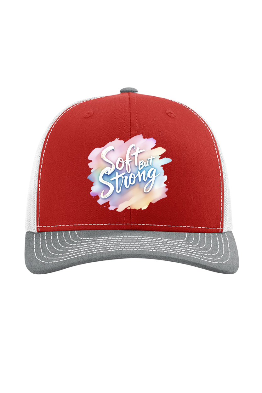 Red and gray cap with 'Soft and Strong' design on a white background
