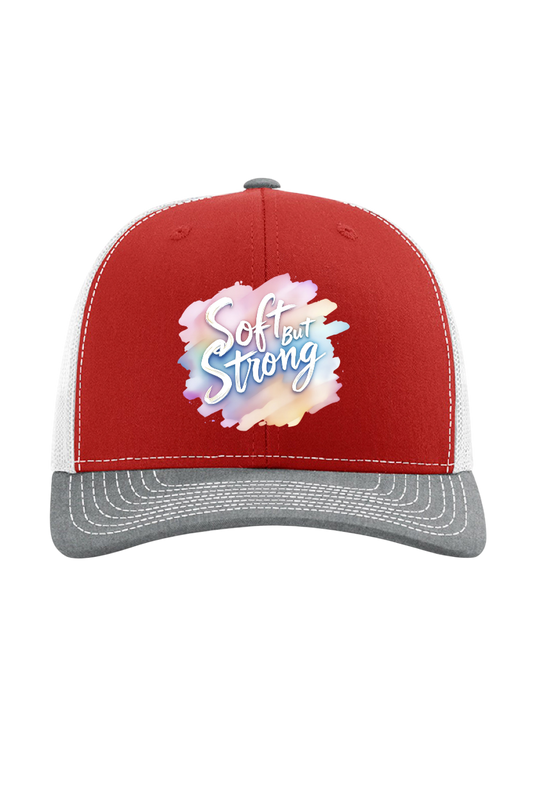 Red and gray cap with 'Soft and Strong' design on a white background