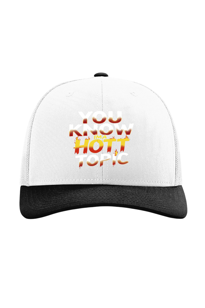 White and black cap with 'You Know Hot Topic' text on a white background