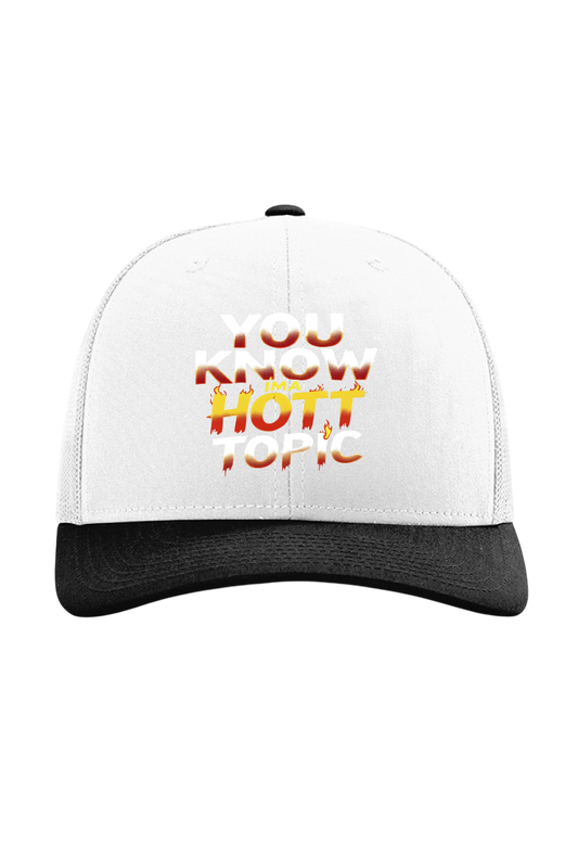 White and black cap with 'You Know Hot Topic' text on a white background