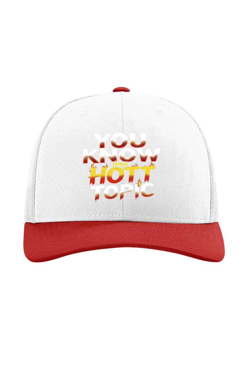 White and red cap with text 'You Know Hot Topic' on a white background