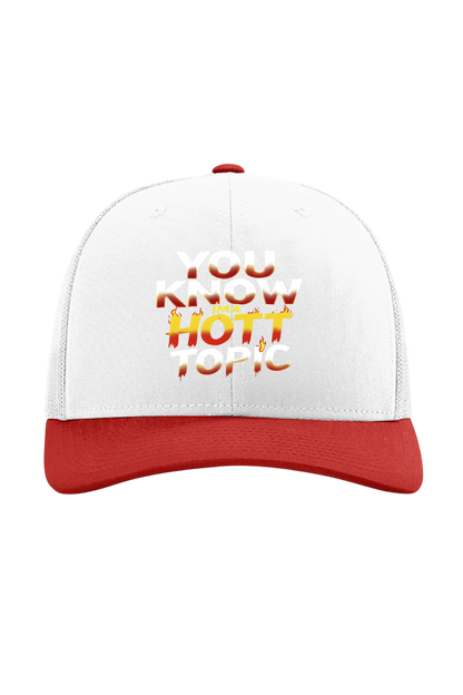 White and red cap with text 'You Know Hot Topic' on a white background