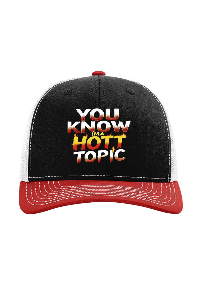 Black, White and Red cap with 'You Know It's a Hott Topic' text on a white background