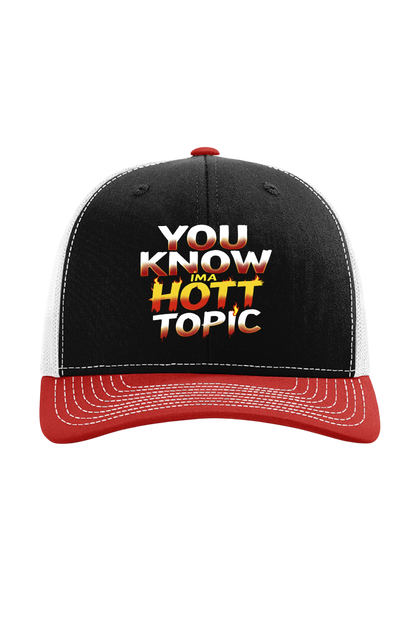 Black, White and Red cap with 'You Know It's a Hott Topic' text on a white background