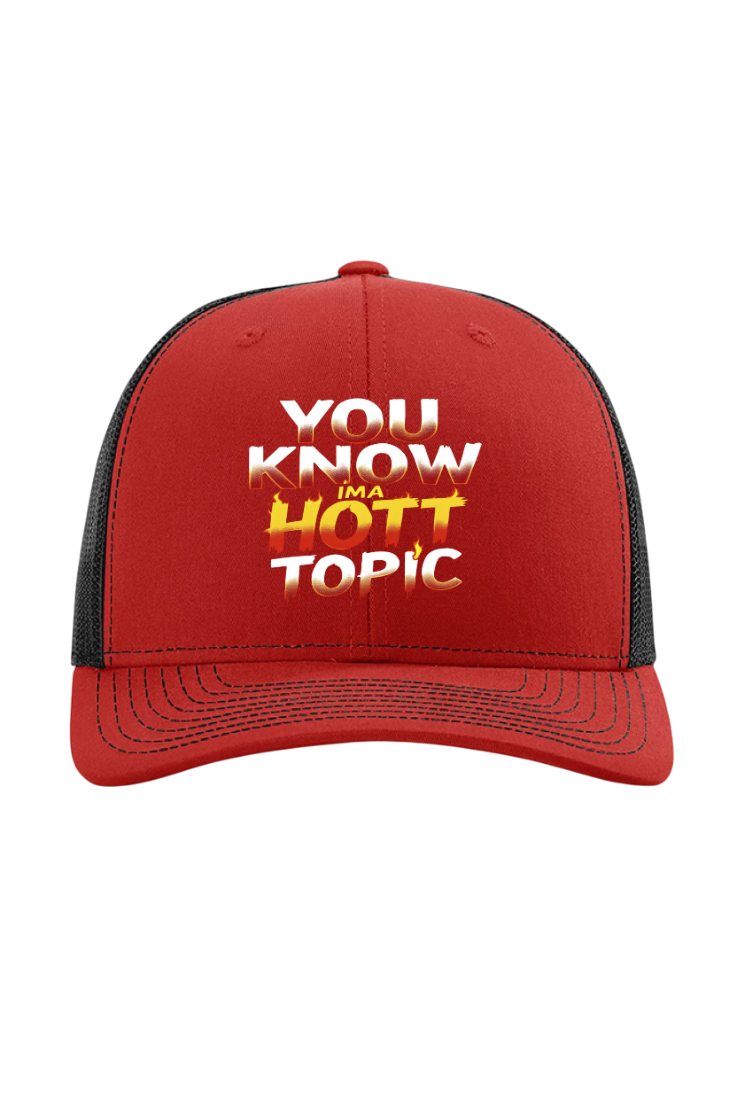 Red and Black cap with 'You Know It's a Hott Topic' text on a white background