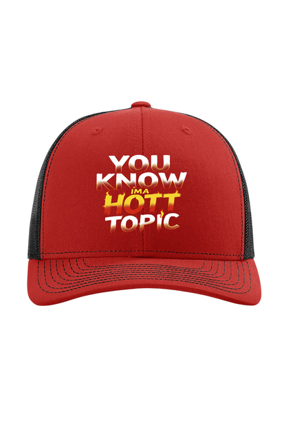 Red and Black cap with 'You Know It's a Hott Topic' text on a white background