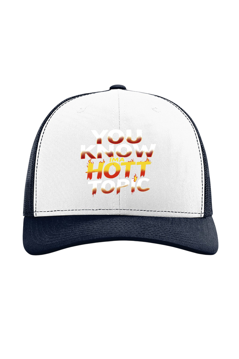 White and Navy cap with 'You Know It's a Hott Topic' text on a white background
