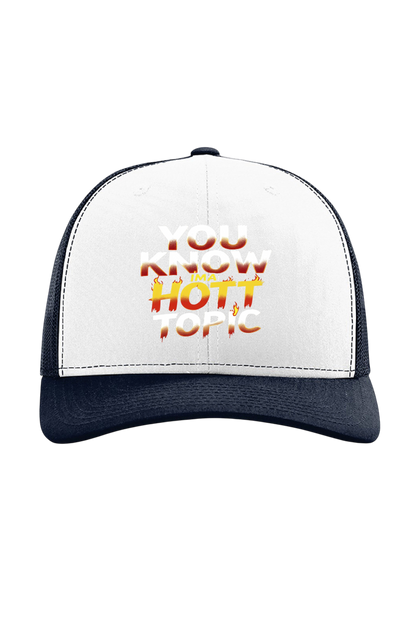 White and Navy cap with 'You Know It's a Hott Topic' text on a white background