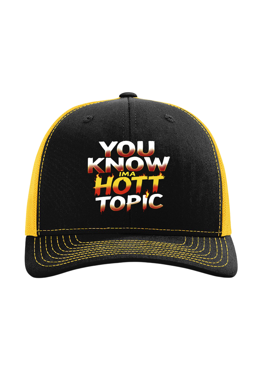 Black and yellow cap with 'You Know It's a Hott Topic' text on a white background
