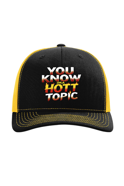 Black and yellow cap with 'You Know It's a Hott Topic' text on a white background