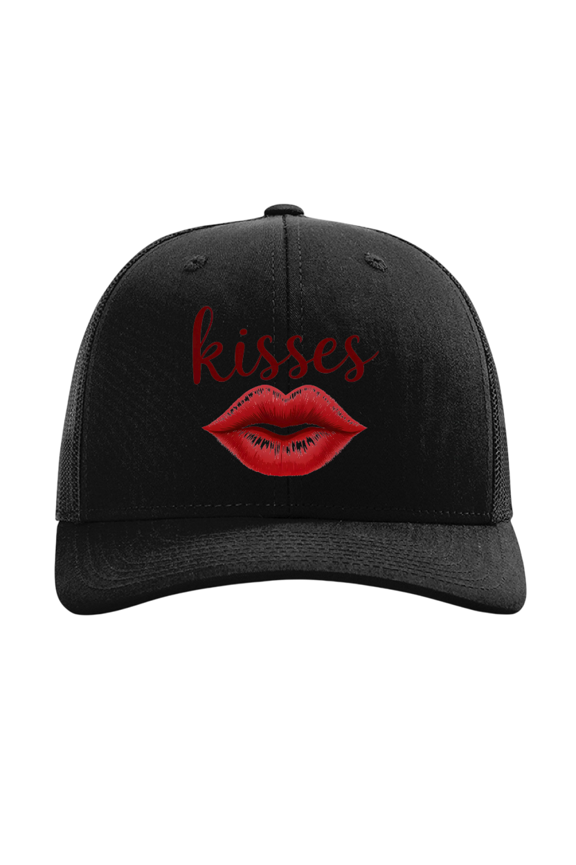 Black cap with red lips and 'kisses' text on a white background