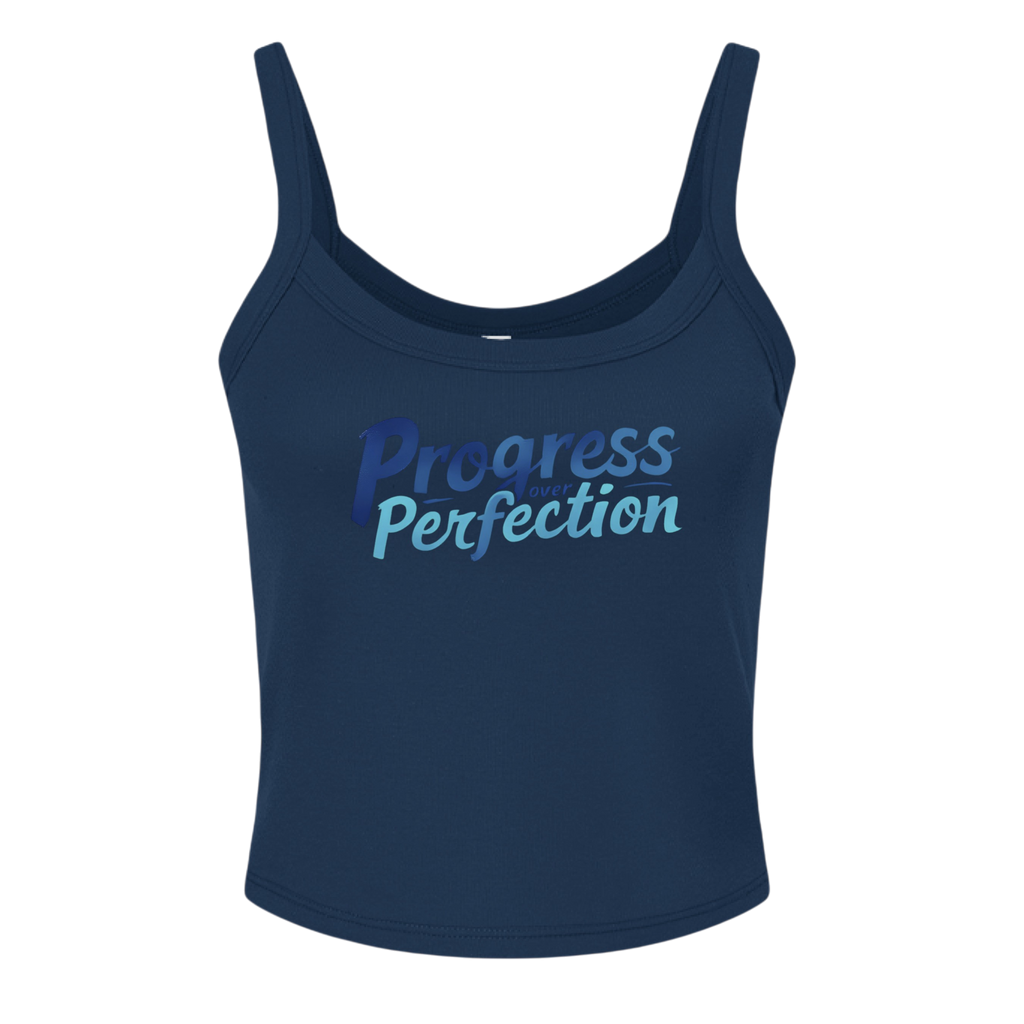 Navy tank top with 'Progress Perfection' text on a white background