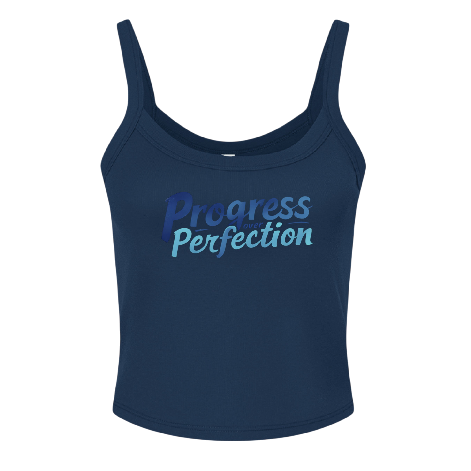 Navy tank top with 'Progress Perfection' text on a white background