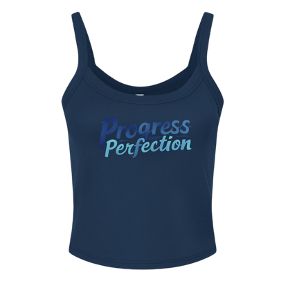 Navy tank top with 'Progress Perfection' text on a white background