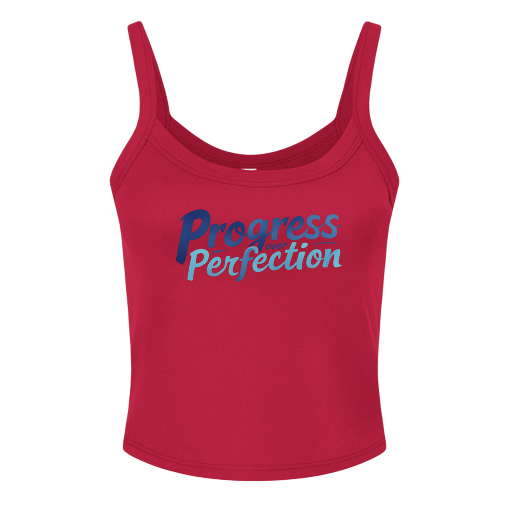 Red tank top with 'Progress Perfection' text on a white background