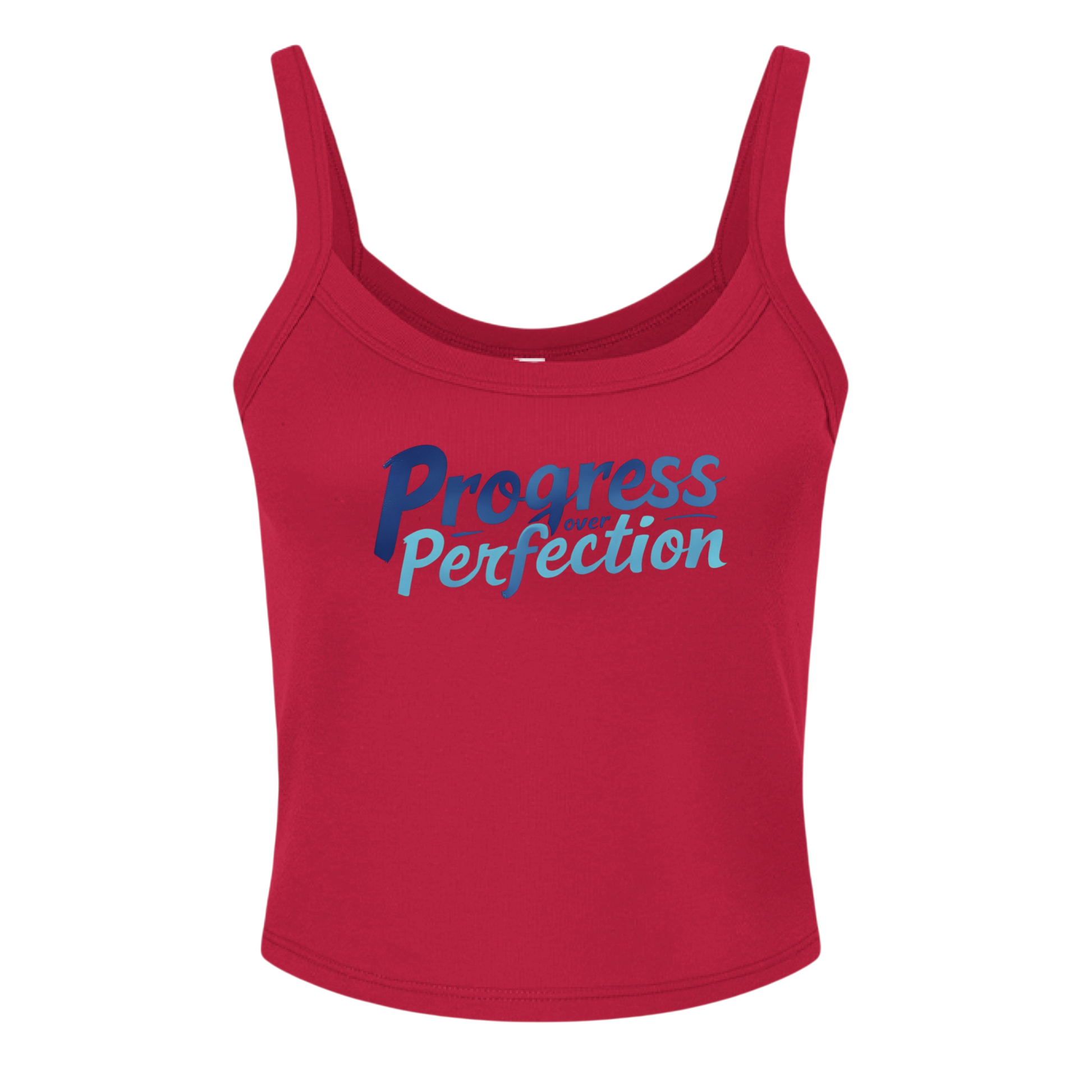 Red tank top with 'Progress Perfection' text on a white background