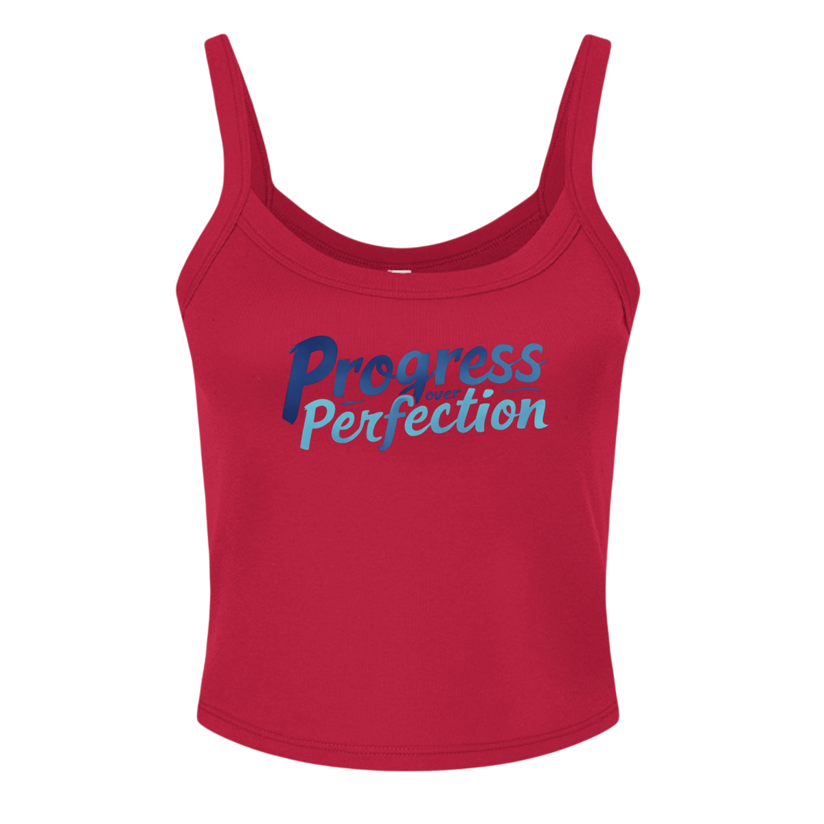 Red tank top with 'Progress Perfection' text on a white background