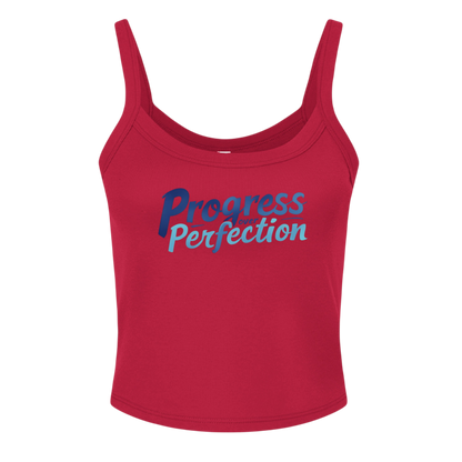 Red tank top with 'Progress Perfection' text on a white background