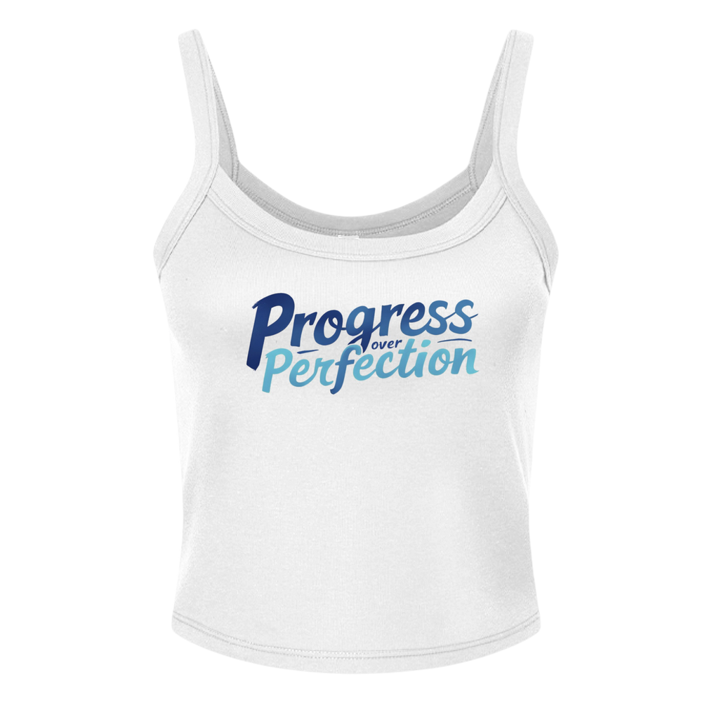 White tank top with 'Progress Over Perfection' text on a white background