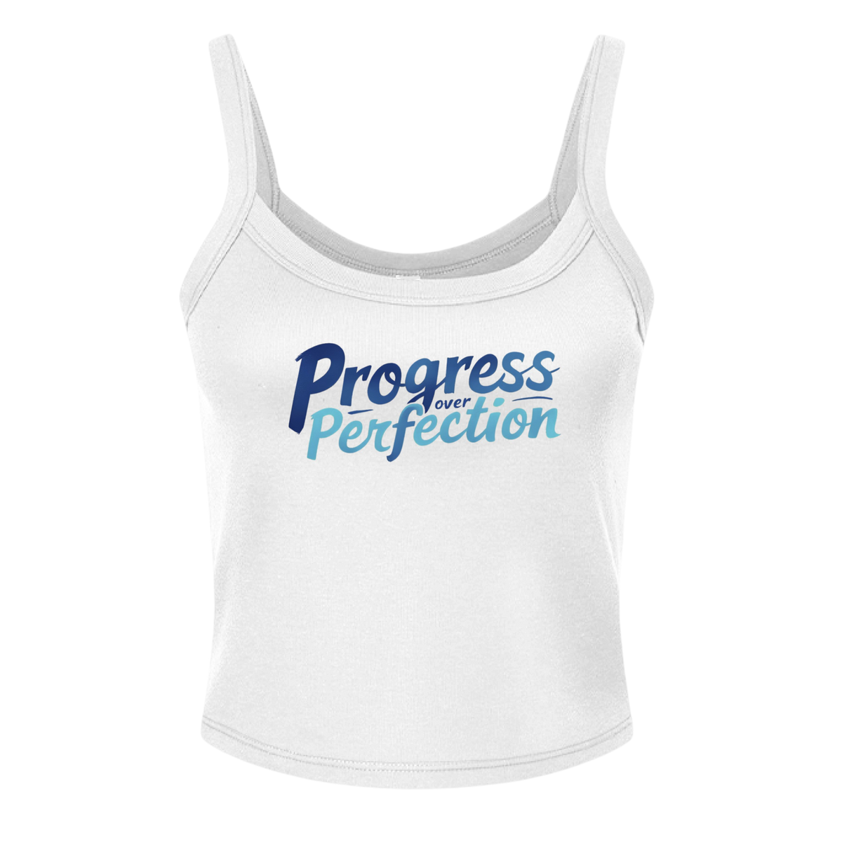 White tank top with 'Progress Over Perfection' text on a white background