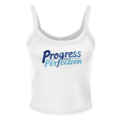 White tank top with 'Progress Over Perfection' text on a white background
