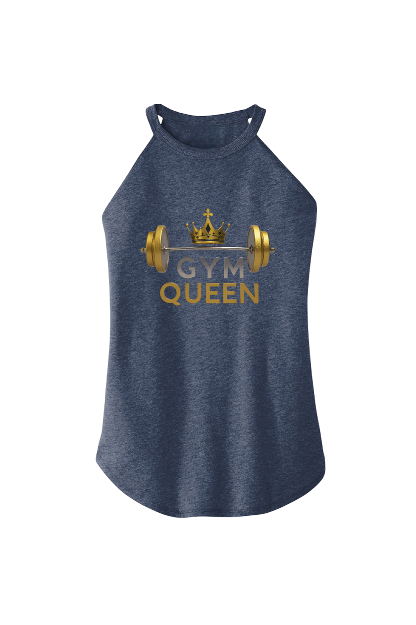 Blue tank top with 'Gym Queen' text and barbell graphic on a white background