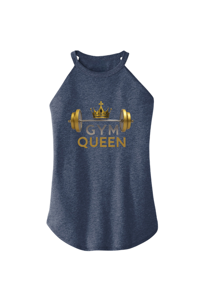 Blue tank top with 'Gym Queen' text and barbell graphic on a white background