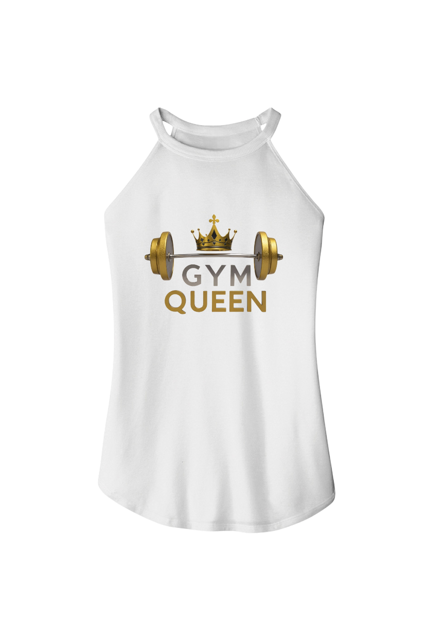 White tank top with 'Gym Queen' text and barbell graphic on a white background