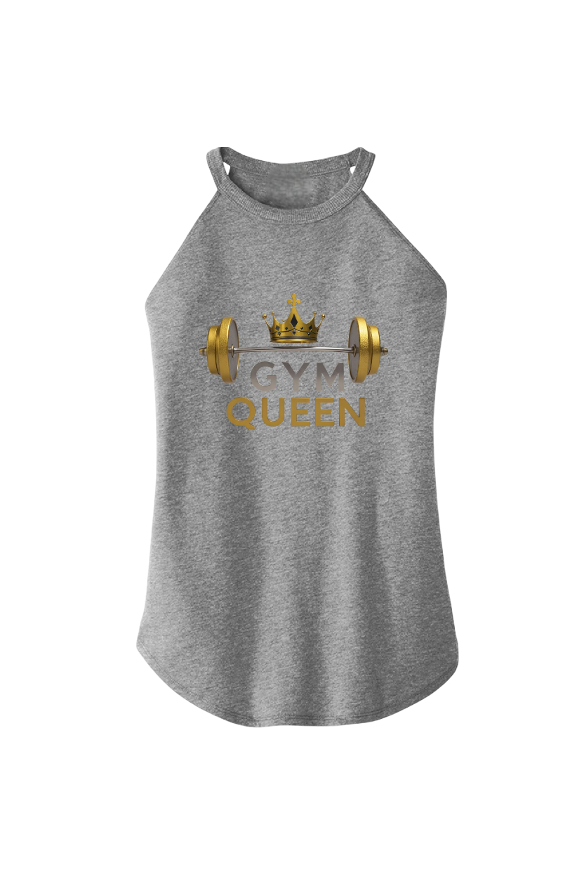 Gray tank top with 'Gym Queen' text and barbell design on a white background