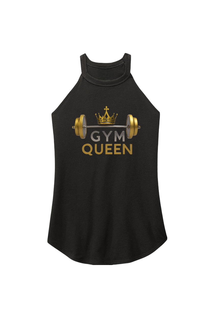Black tank top with 'Gym Queen' text and barbell graphic on a white background