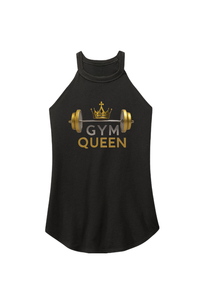 Black tank top with 'Gym Queen' text and barbell graphic on a white background