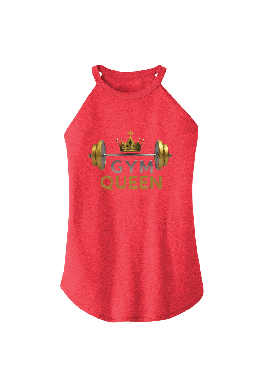 Red tank top with 'Gym Queen' text and barbell graphic on a white background
