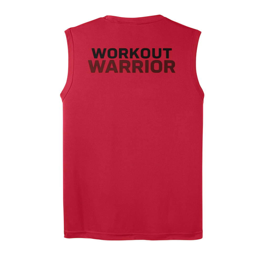 Red sleeveless shirt with 'WORKOUT WARRIOR' text on the back against a white background