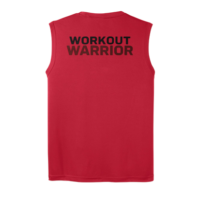 Red sleeveless shirt with 'WORKOUT WARRIOR' text on the back against a white background